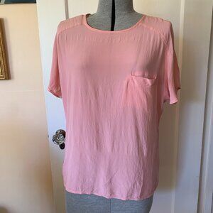 VTG 80s XL Pink Top T-Shirt Silk Crepe Boxy Raglan Short Sleeves Chest Pocket
